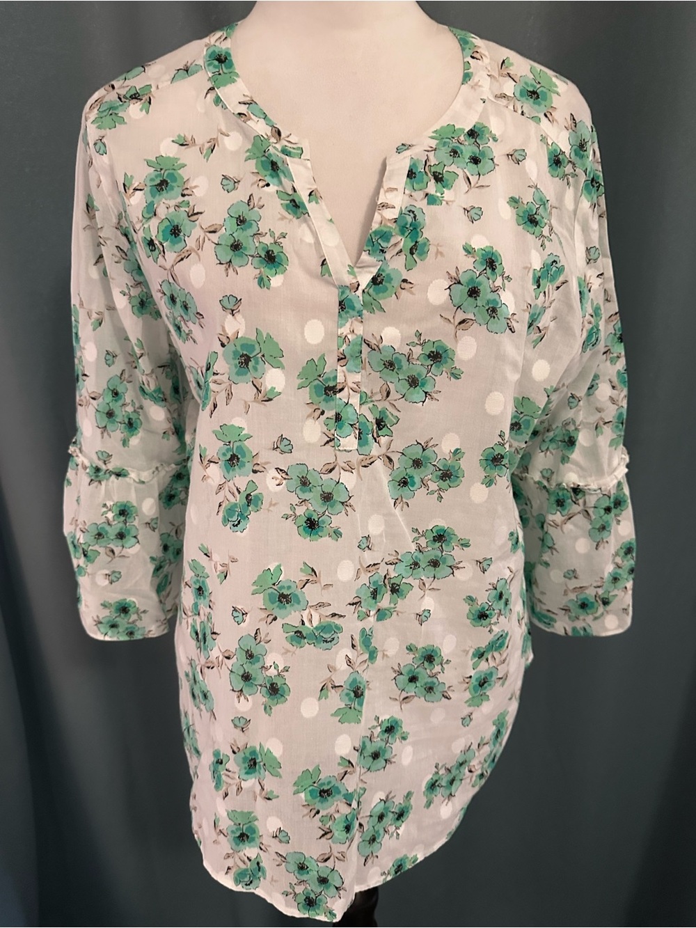 Van Heusen Women's L Floral Polka Dot Blouse Teal Green 3/4 Bell Sleeve Tunic